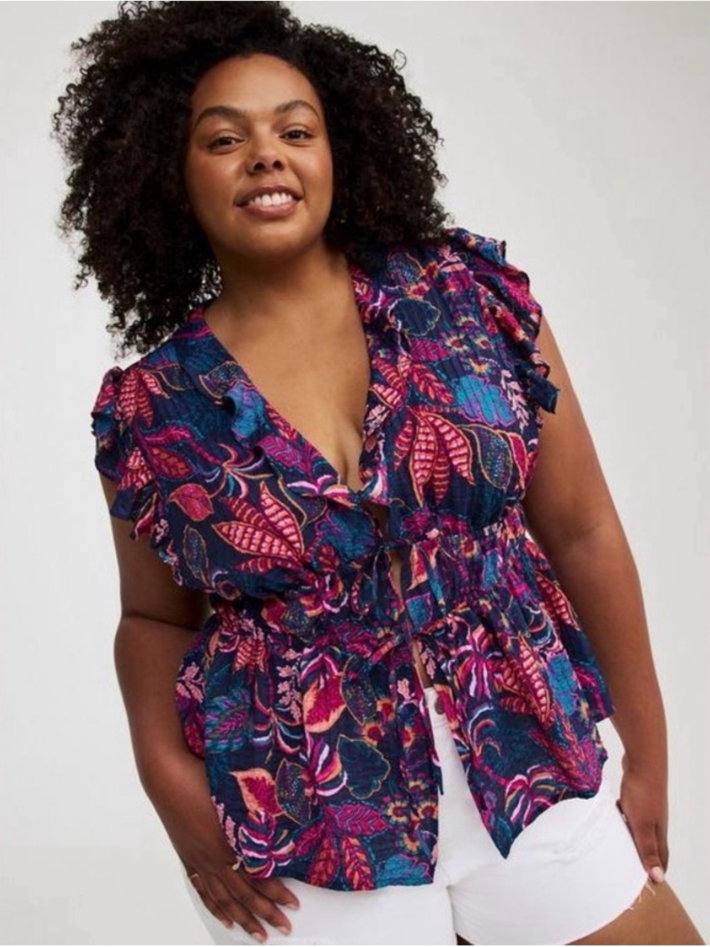 Torrid Floral Ruffle Sleeve Top in Navy and Pink